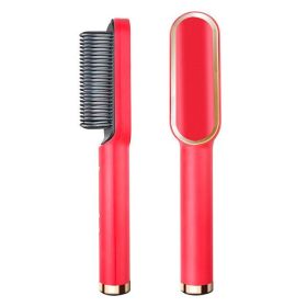 Hair Straightener Brush Straightening Curler Hot Comb Electric Adjustable Heat (Straightener Color: Red)