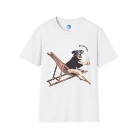 Dog Beach T-Shirt | Relaxing Pup, Surf Wave, Deck Chair Scene (Dog Beach T-Shirt: White L)