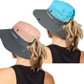 Women's Outdoor UV-Protection-Foldable Sun-Hats Mesh Wide-Brim Beach Fishing Hat with Ponytail-Hole (Color: Pink+blue)